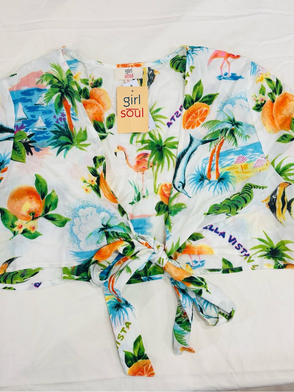 Girl Soul Tropical Tie-Front Crop Top in White with Multicolor Print